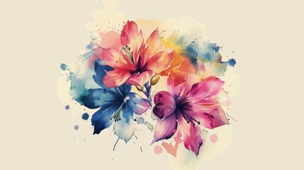 Artistic rendering of a watercolor tattoo with colorful floral motifs, blending splashes and delicate brushstrokes, portrayed on a simple, isolated backdrop