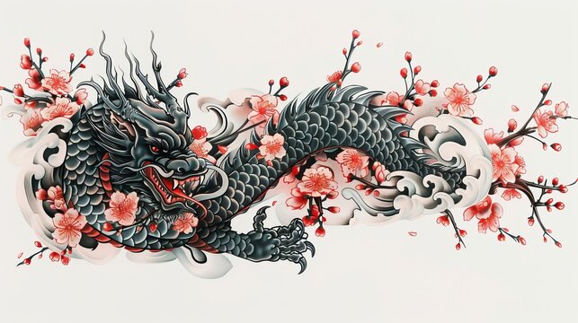 Artistic rendering of a full sleeve irezumi tattoo, featuring a fierce dragon among cherry blossoms, captured on a simple white background