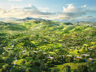 A beautiful green valley with a small town in the middle