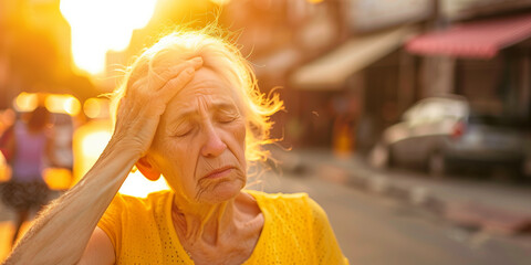 Obraz premium Exhausted elderly person suffering from heat wave on a city street under direct sunlight, mirages blurring the urban horizon.