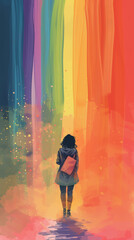 Obraz premium A woman is standing in front of a rainbow, looking up at it