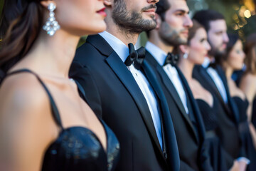 A group of men and women are dressed in black tuxedos and standing in a line
