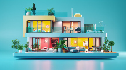 Obraz premium A colorful house with a balcony and a garden