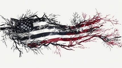 Artistic portrayal of an American flag tattoo, intertwined with symbols of life and nature, capturing the personal connection and meaning, isolated background