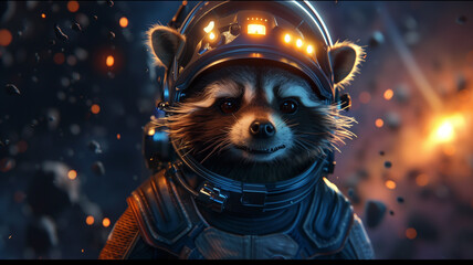 Cute astronaut raccoon put on a helmet