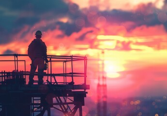 Obraz premium Engineer directs construction crews on high ground, emphasizing industry safety amid a sunset backdrop