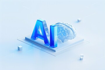 "AI" in prominent, blue frosted glass on a clean white plane, rendered in isometric 3D.