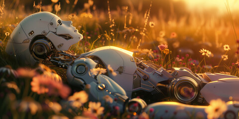 Friendly adorable human-like robot laying in the grass among flowers. Android looking up in the sky admiring nature on sun-drenched blossoming lawn.