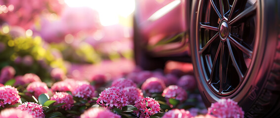 car tire placed on the grass, surrounded by blooming cherry blossoms and pink clover flowers under...