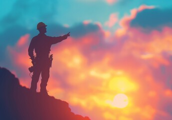 Fototapeta premium Engineer directs construction crews on high ground, emphasizing industry safety amid a sunset backdrop