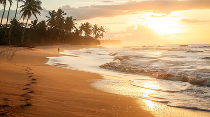 A calm beach at sunset, golden sand stretching into the distance, gentle waves lapping the shore, palm trees swaying in the breeze, a lone figure walking along the water's
