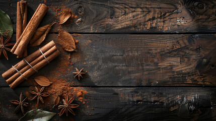 Aromatic cinnamon on dark wooden background 