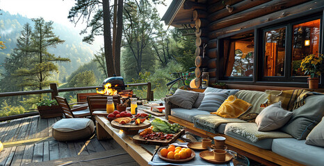 A cozy log cabin with large windows overlooking the forest, featuring an outdoor terrace adorned with comfortable sofas and tables of food and drinks for enjoying nature. Generative AI.