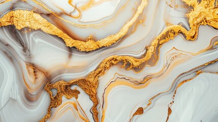 Luxurious abstract texture of swirling white and gold marble, perfect for backgrounds or high-end product designs