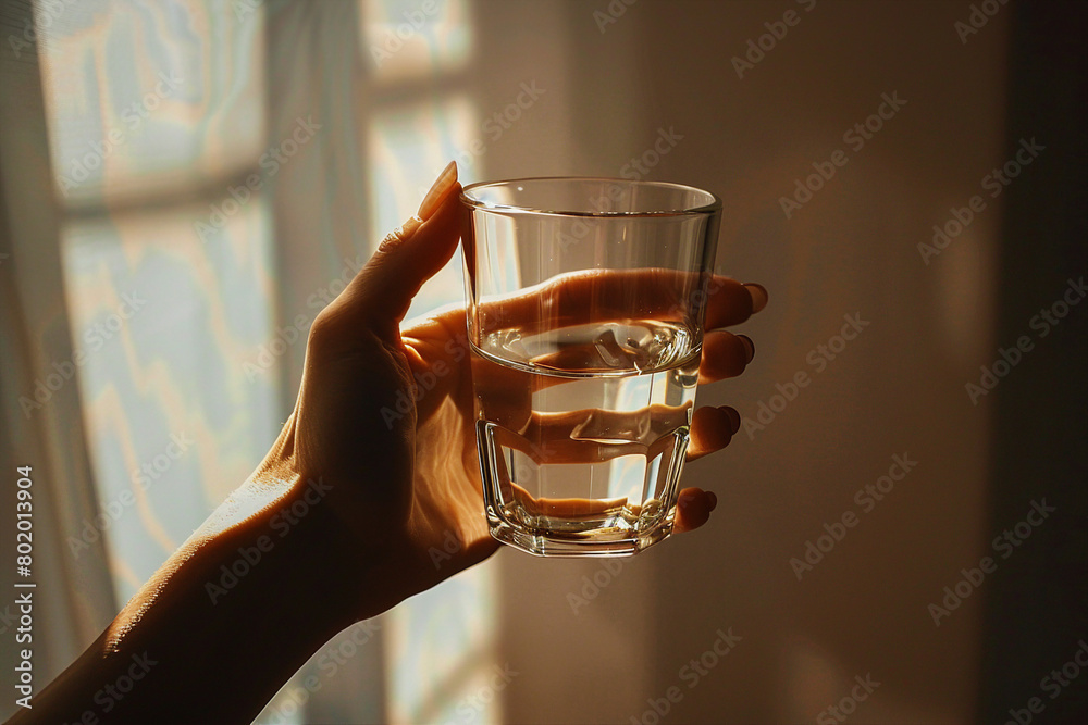 Wall mural close up image of woman hold glass fresh water made by generative ai technology