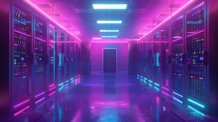 Modern Server Room with Multiple Server Racks in a Data Center Environment - 3D Illustration of High-Tech Networking Infrastructure