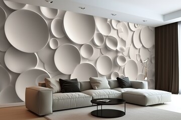 a room with a wall of circles and a white wall with circles on it.