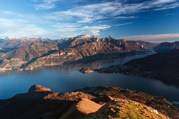 The sunset on Lake Como, at the end of a winter day, taken from Mount Crocione, near the town of...