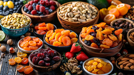 Assortment of tasty dried fruits and nuts on wooden 