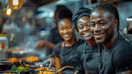 Black kitchen crew, happy, cooking, black aprons. Generative AI.