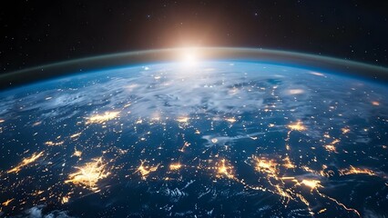 Fototapeta premium Earth is covered by a network of space technology and internet. Concept Space Technology, Earth's Network, Internet Connectivity, Global Communication, Technological Advancements