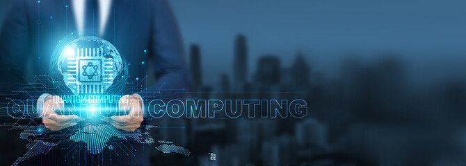 Quantum computing technology, Businessman using of quantum computing technology with tablet on...