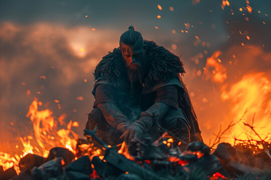 viking warrior or berserker sits on a camp fire after a battle, outdoors, norse mythology