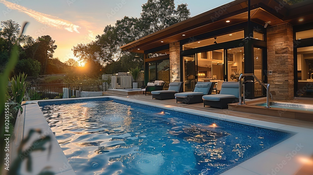 Poster a rectangular blue fiberglass swimming pool sits in the backyard in the evening on a clear. generati