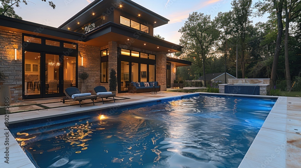 Poster a rectangular blue fiberglass swimming pool sits in the backyard in the evening on a clear. generati