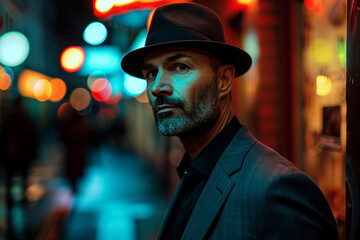 Mysterious man in trench coat and fedora standing under the rain at night generative AI