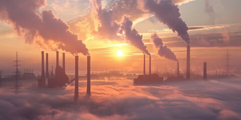 Scenic landscape with steaming factory chimneys in sunrise light in foggy morning. Industrial landscape with smokestack at sunset. - obrazy, fototapety, plakaty