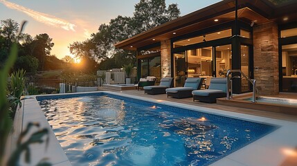 A rectangular blue fiberglass swimming pool sits in the backyard in the evening on a clear. Generative AI.