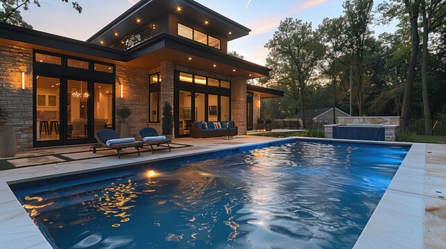 A rectangular blue fiberglass swimming pool sits in the backyard in the evening on a clear. Generative AI.