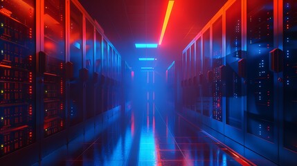 Modern Server Room with Multiple Server Racks in a Data Center Environment - 3D Illustration of High-Tech Networking Infrastructure
