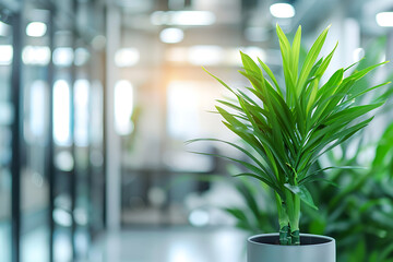 Blurred background of a modern office interior with glass windows and a green plant in the...