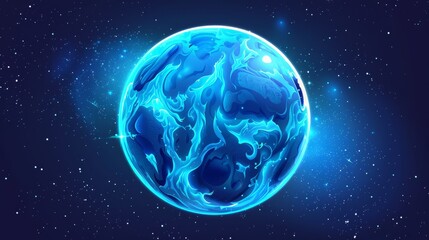 Illustration of planet Neptune isolated on dark blue cosmic background. Spherical blue planet with illuminated surface and relief.
