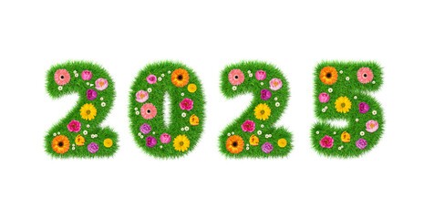 3D rendering green year 2025 made out of grass flowers