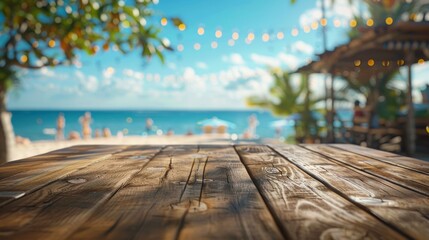 A vacant wooden table amidst the vibrant energy of a beach celebration, offering a prime location for gathering with friends.