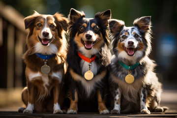 Three Border Collie Dog with Medal and Award, outdoor