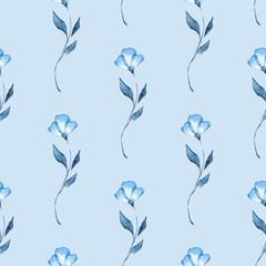 Pattern of watercolor flowers. Blue floral background
