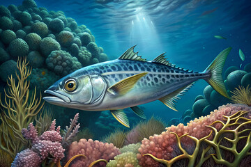 Fototapeta premium spanish mackerel fish surrounded by beautiful coral