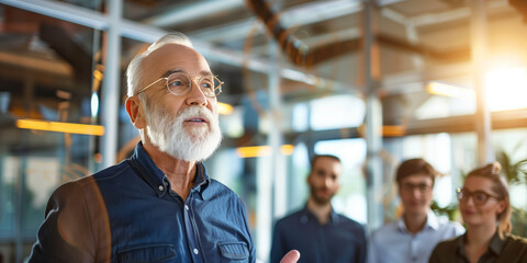 Charismatic senior man pitching his innovative tech startup idea to a diverse group of young investors in a modern office space.