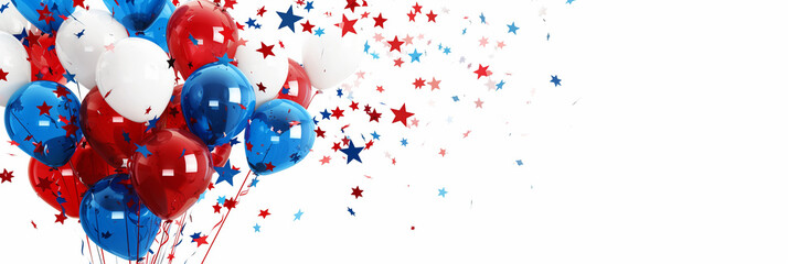 Blue, white and red balloons and stars confetti on a white background with copy space. Celebrating 4th of July banner.