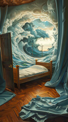 A bedroom with a bed and a door