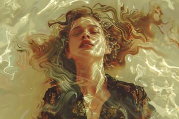 A woman is floating in a pool of water with her hair in a wave