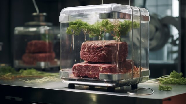 Laboratory grown artificial meat concept showcasing the future of food with cultured beef, a sustainable and ethical alternative to traditional meat production