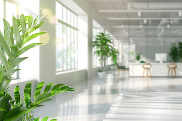 Blurred background of a modern office interior with glass windows and a green plant in the...