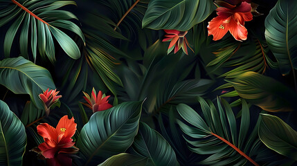 Tropical leaves and flowers against a dark backdrop