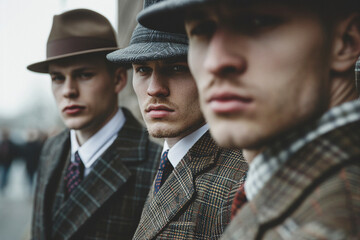 Man in suits and hats walking down a street created with generative AI