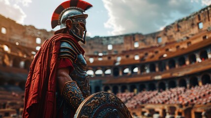A gladiator stands in the center of an empty colosseum
